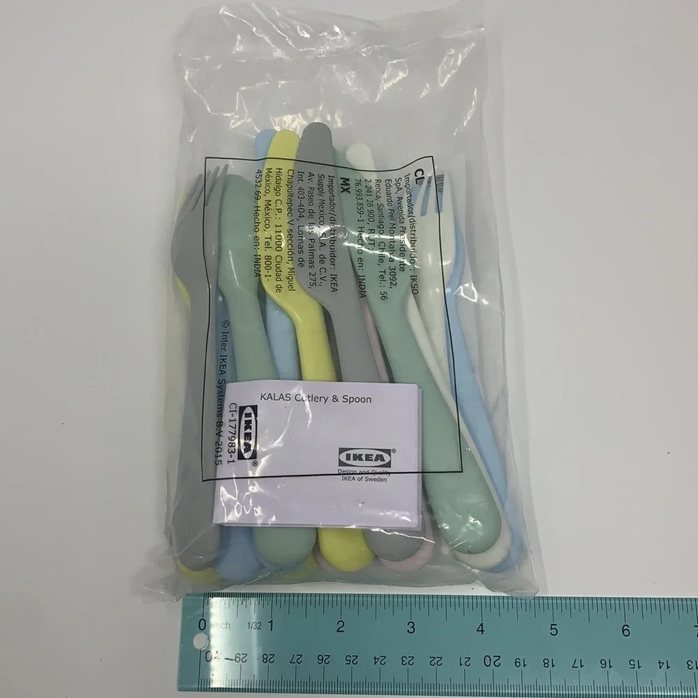 18 pc IKEA KALAS kid flatware set, mixed colors, plastic forks, knifes, spoons